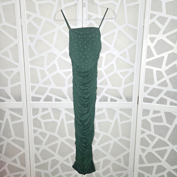 Green Ruched High Slit Rhinestone Midi Dress Size SM Formal Hoco Y2K Glam Party - Picture 2 of 8